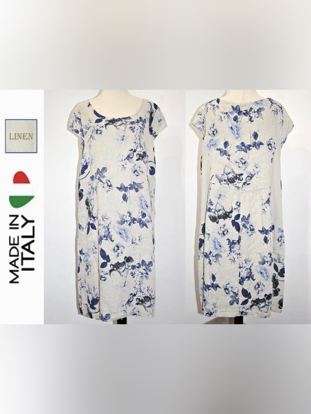 Lungo L’arno Linen Floral Shift Dress in Blue and gray
